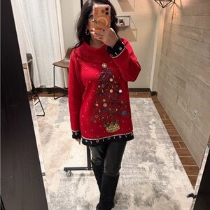 Elegant Red Holiday Sweater with Tree Design